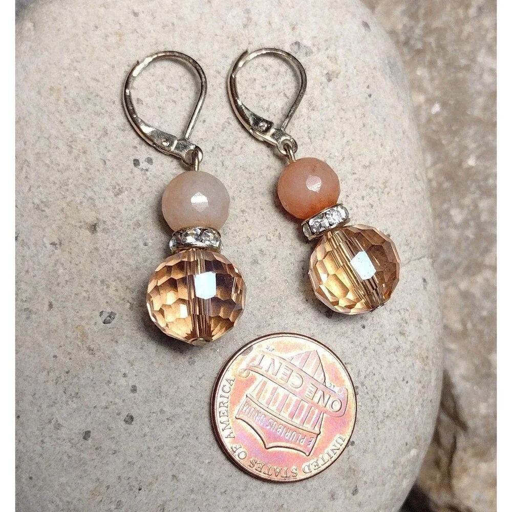 Vintage Peach Quartz Crystal Gold tone Dangle Earrings